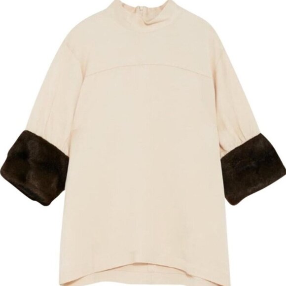 Zara Top Linen Blend Faux Fur Cuff High Neck Women's Size Small Old Money Mature - Picture 12 of 12